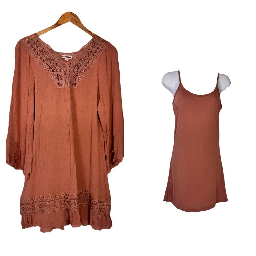 Azucar Tunic 2 PC Dress Slip Women Medium Rust Boho Lace Trim Bell Sleeve Rayon